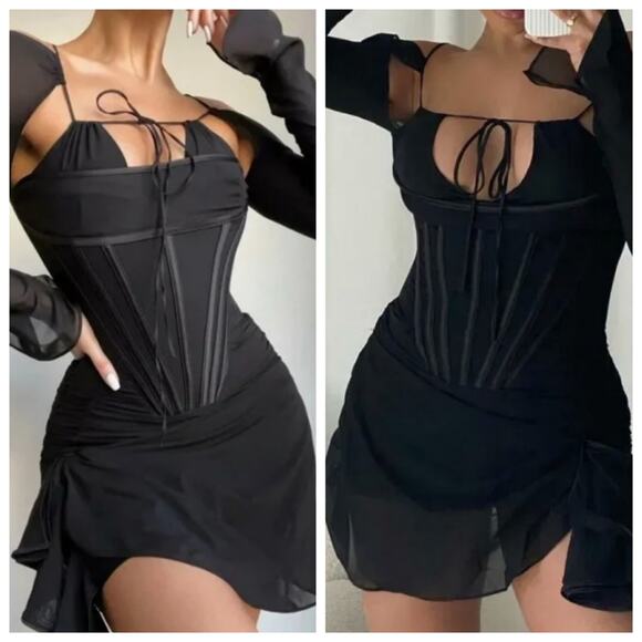 House of CB Gianna Corset Silk Long Sleeves Mini Dress Cocktail Party Date Night - Picture 1 of 14